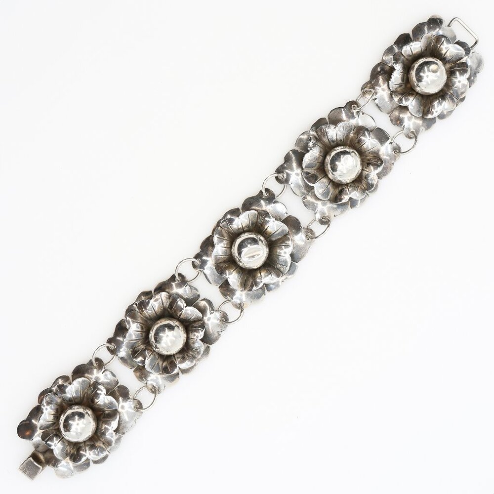 Vintage Mexican Silver Large Cabbage Floral‎ Five Link Chunky Bracelet 1940s